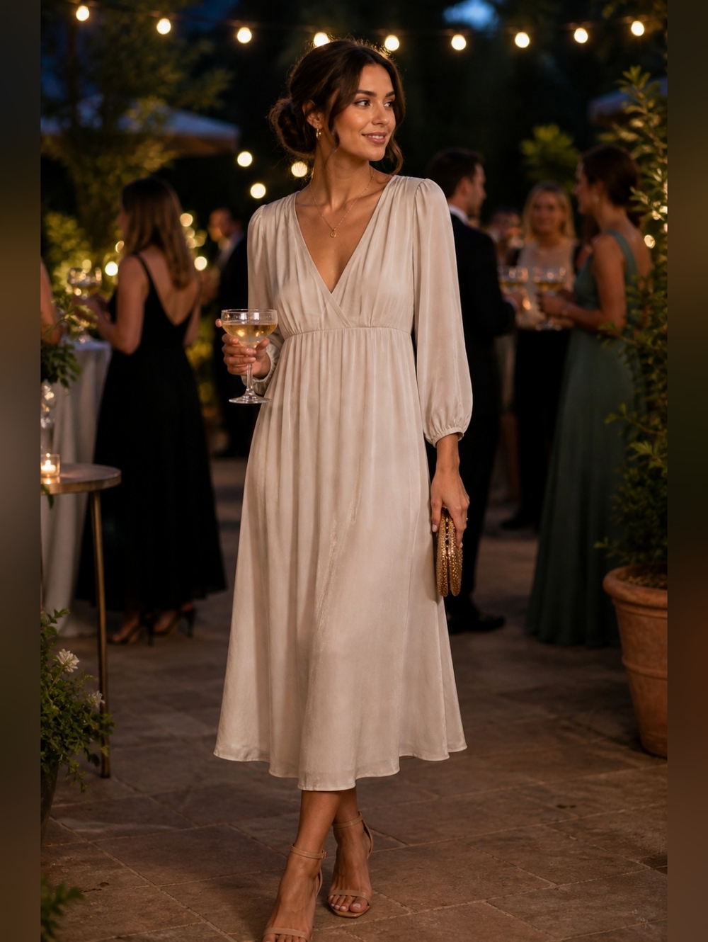 H&M Light Beige Long Sleeve V-Neck Dress Sz 16 Silky Feel